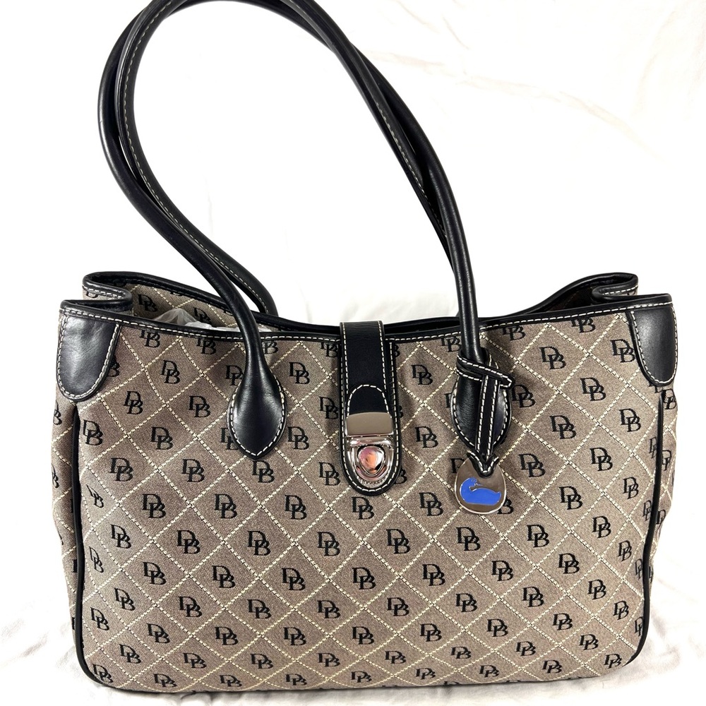 DOONEY and BOURKE Light Gray Canvas and Black Leather Trim Tote Satchel Bag